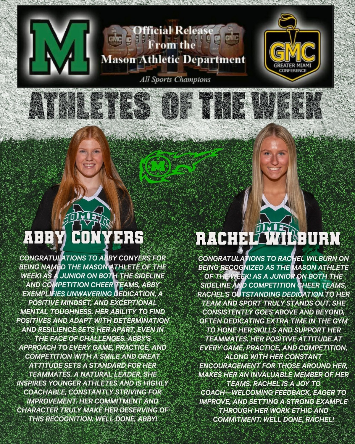 Mason High School juniors Abby Conyers and Rachel Wilburn have been recognized as this week’s Athletes of the Week!